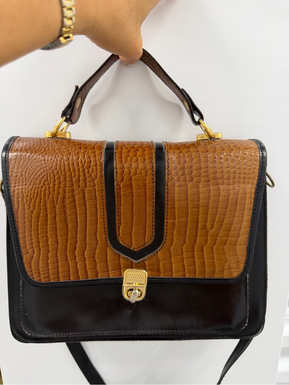 Vintage Structured Brown and Black Textured Leather Satchel